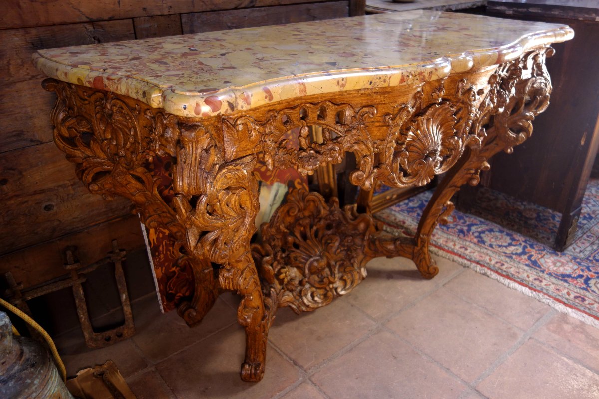 Console d’époque Régence en chêne clair, marbre brèche d’Alep-photo-2