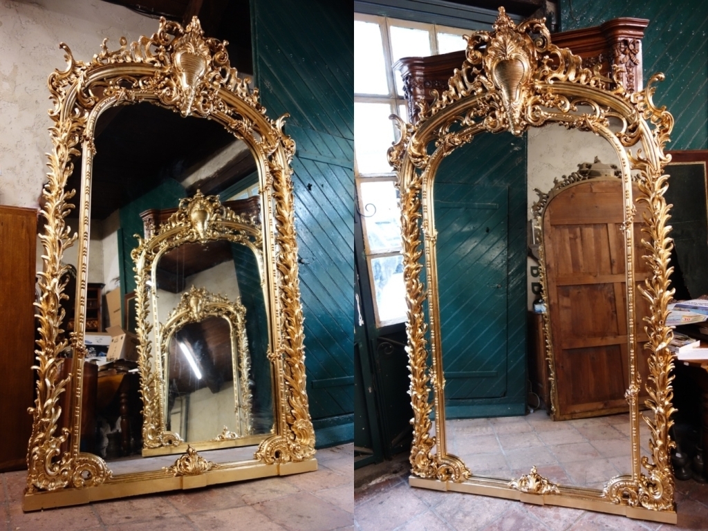 Monumentale Paire De Miroirs En Bois Doré, 243 Cm-photo-2