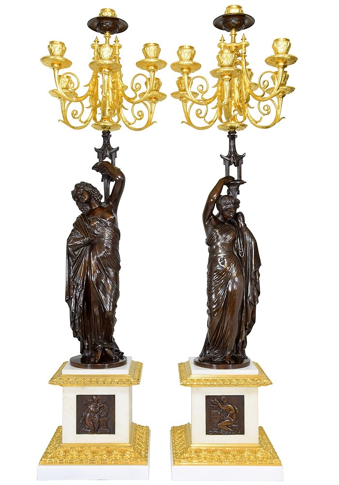 Large Pair Of Candelabra In The Antique Signed Pradier