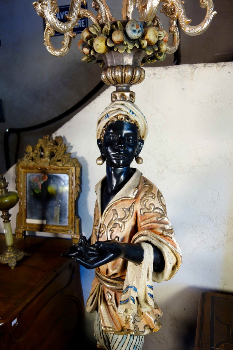 Grand Nubien Porte Torchère En Bois Polychromé, 212 Cm-photo-2