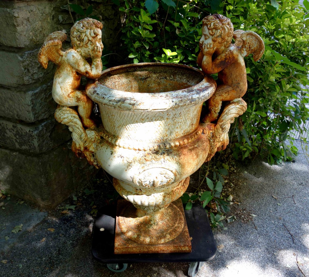 Paire De Vases Médicis Aux Chérubins, 1 Mètre-photo-3