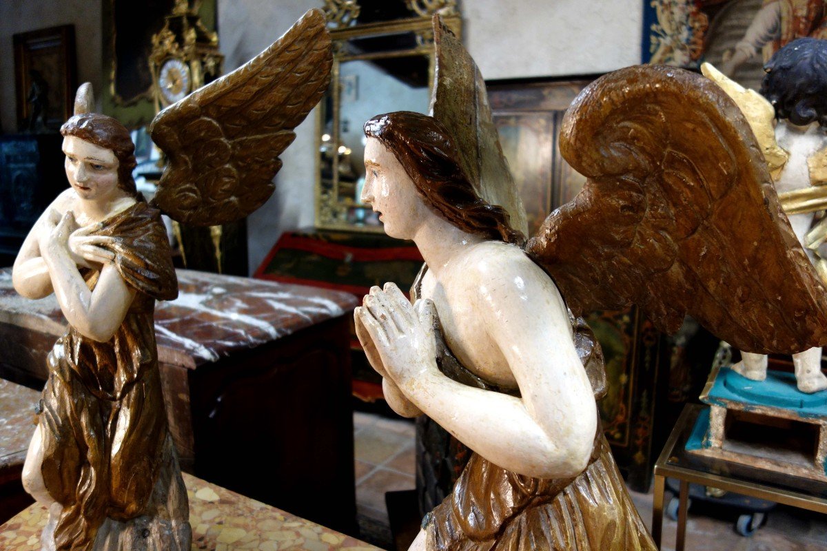 Paire D’anges En Bois Polychromé, XVIIIe-photo-3