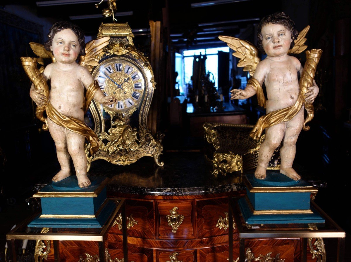 Paire D’anges Céroféraires En Bois Polychrome Sur Sellettes, Fin XVIIIe-photo-2