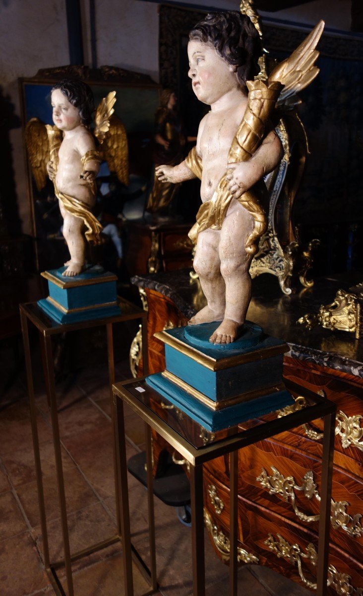 Pair Of Cerofera Angels In Polychrome Wood On Saddles, Late Eighteenth-photo-1