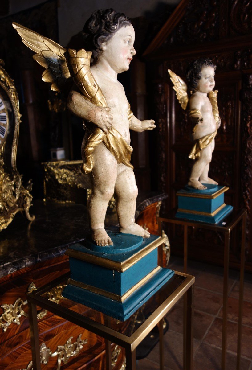 Pair Of Cerofera Angels In Polychrome Wood On Saddles, Late Eighteenth-photo-2
