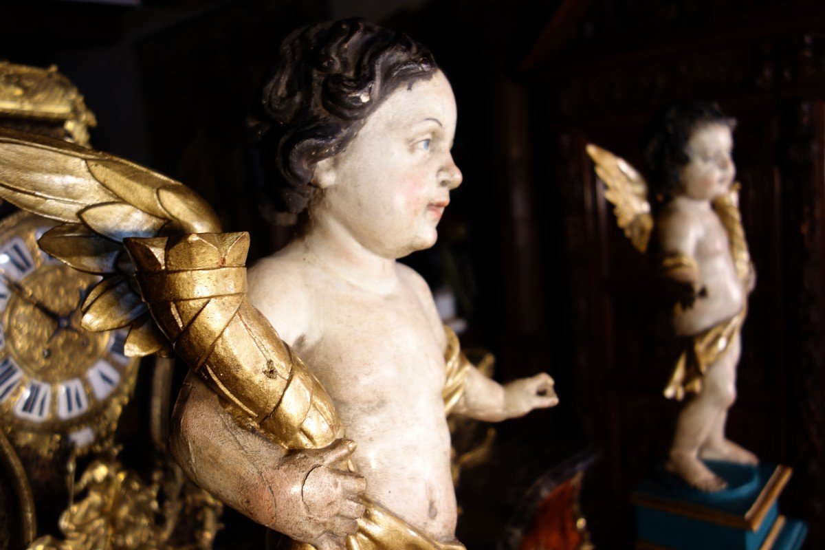 Pair Of Cerofera Angels In Polychrome Wood On Saddles, Late Eighteenth-photo-3