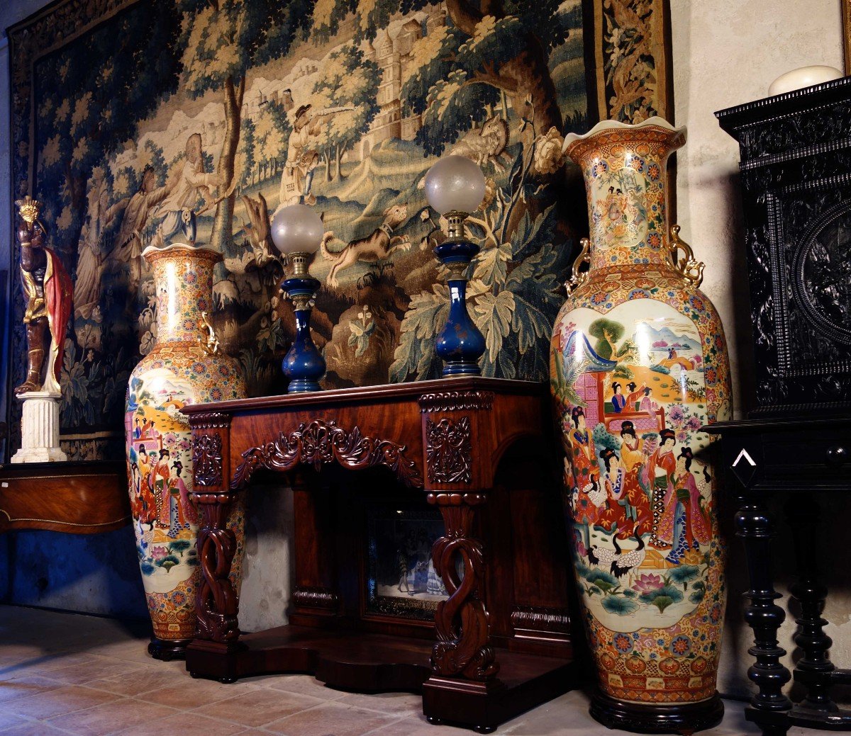 Grande Paire De Vases Asiatiques Satsuma, 166 Cm-photo-3