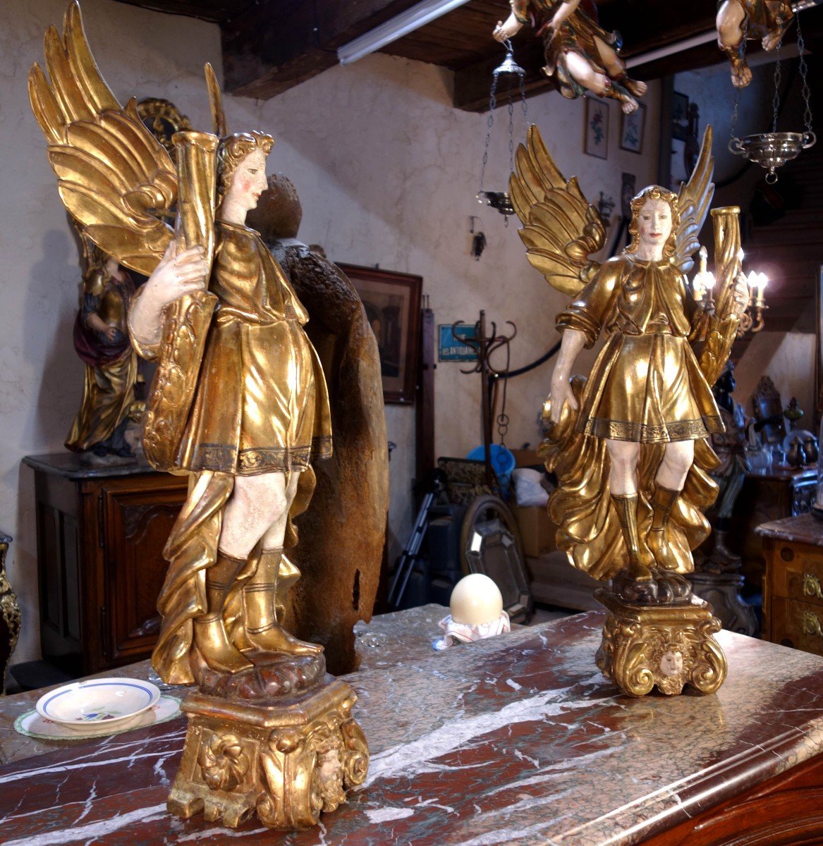 Large Pair Of Angels Flare Holders In Golden Wood, Eighteenth-photo-3