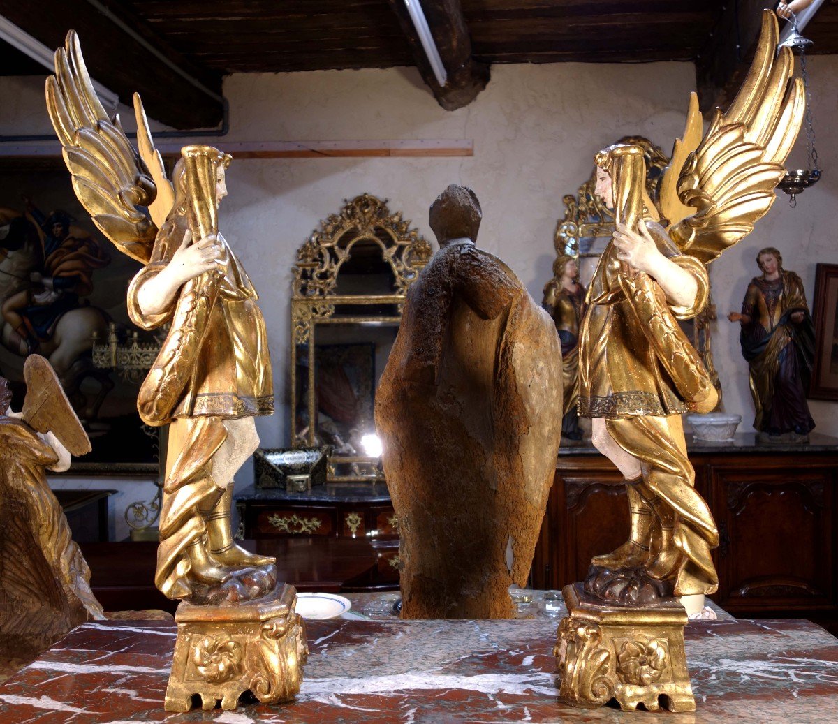 Large Pair Of Angels Flare Holders In Golden Wood, Eighteenth-photo-3