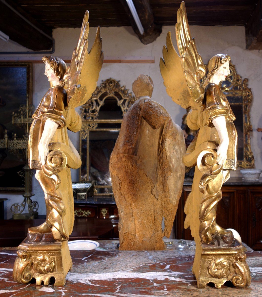 Large Pair Of Angels Flare Holders In Golden Wood, Eighteenth-photo-5