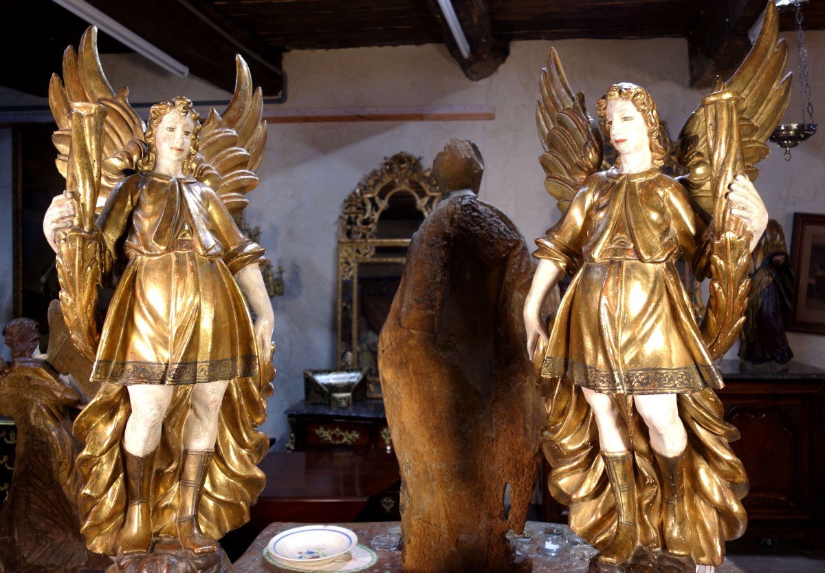 Large Pair Of Angels Flare Holders In Golden Wood, Eighteenth-photo-6