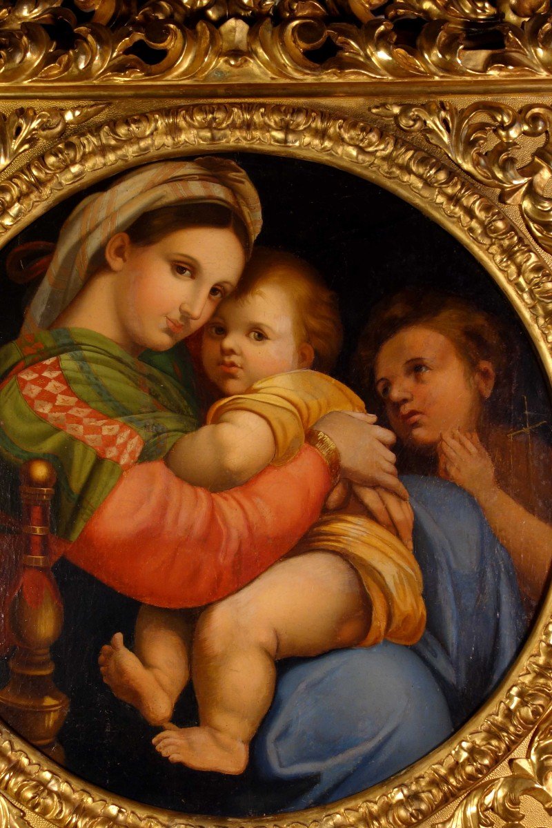 Large Oil On Canvas Tondo: The Virgin In The Chair, Italian School-photo-2