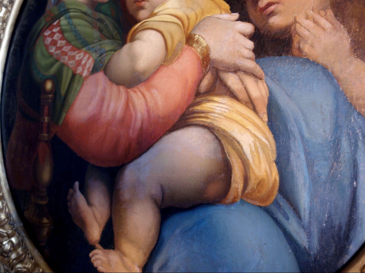 Large Oil On Canvas Tondo: The Virgin In The Chair, Italian School-photo-3