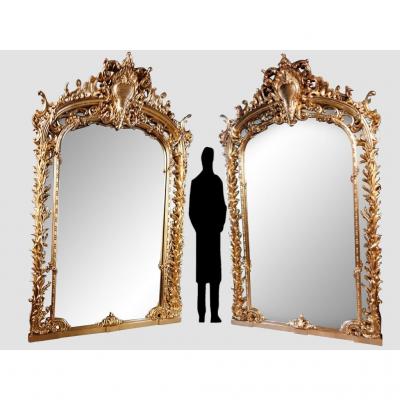 Monumental Pair Of Mirrors In Golden Wood, 243 Cm
