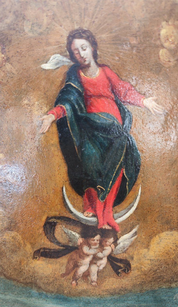Peinture Ancienne Sur Cuivre De La Madone Immaculée Avec Des Anges -photo-2