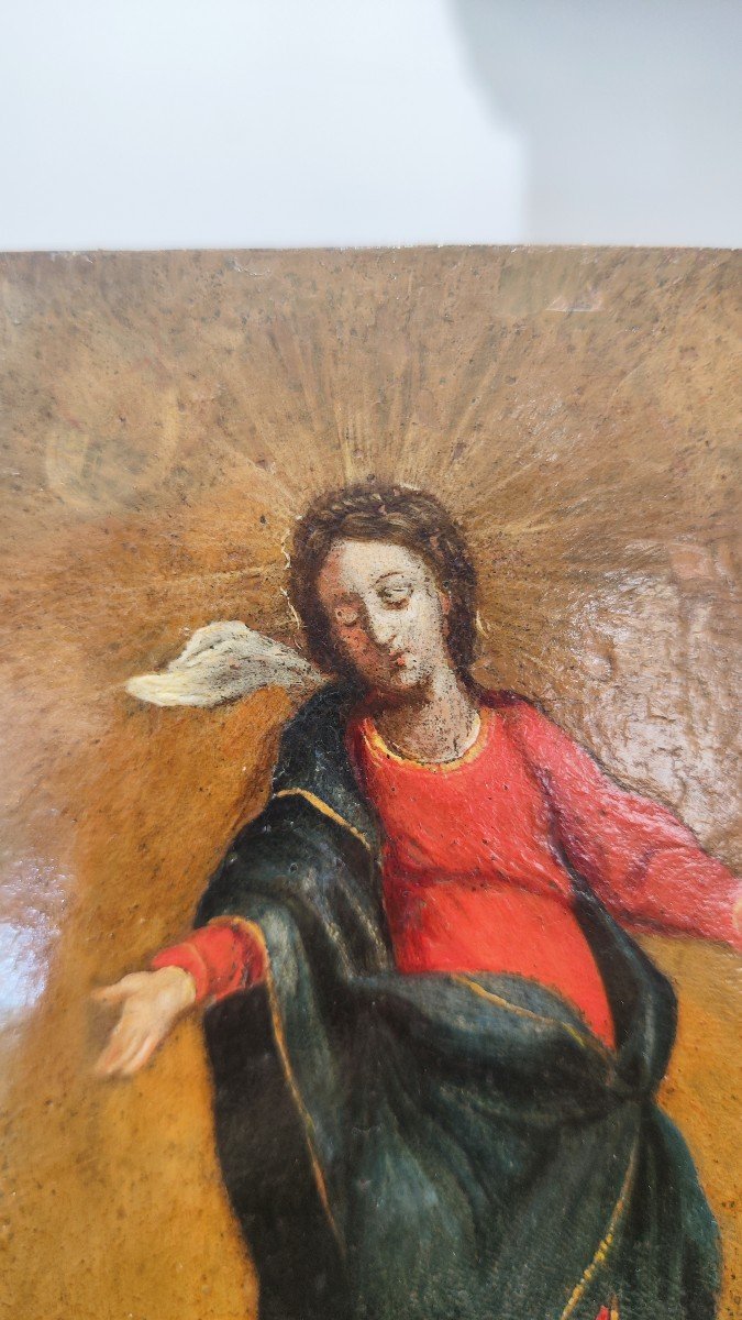 Peinture Ancienne Sur Cuivre De La Madone Immaculée Avec Des Anges -photo-3