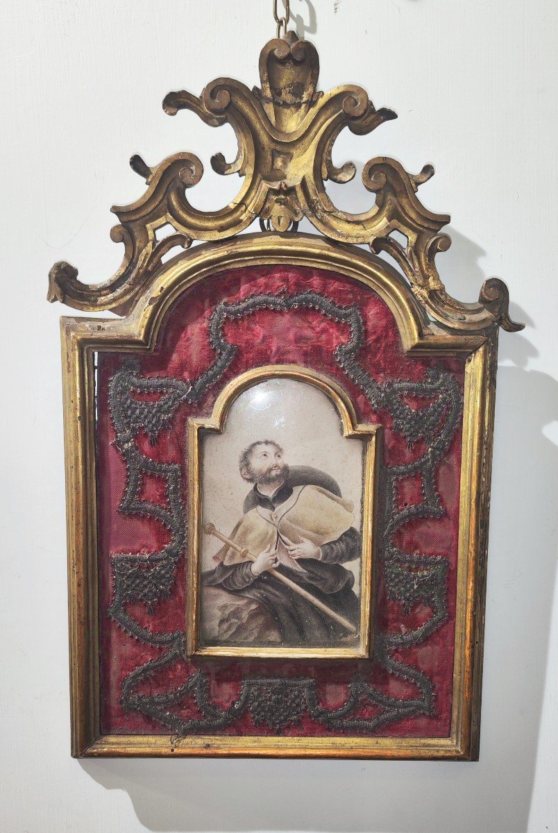 Ancient Painting Of San Francesco Saverio Naples 18th With Gilded Wooden Frame And Fabric 
