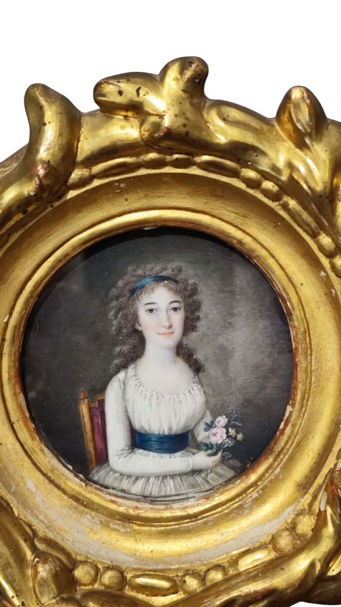 Antique Painted Miniature With Portrait With Gilded Wooden Frame-photo-2