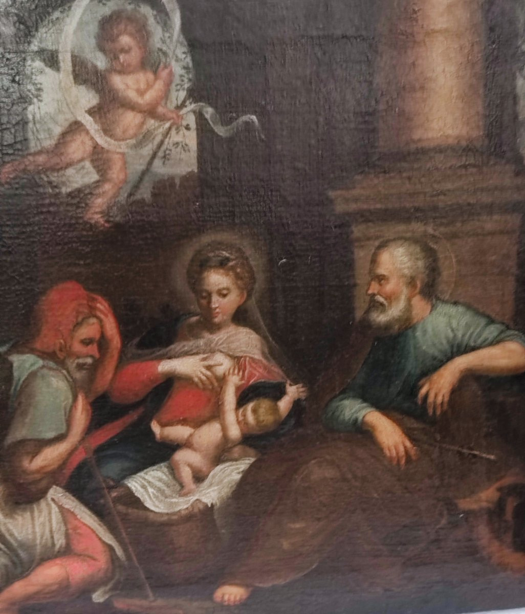 Huile sur toile du XVIIe siècle, Nativité avec l'Adoration des Bergers-photo-4