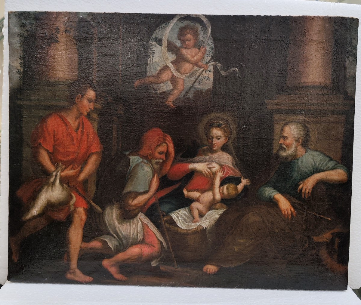 Huile sur toile du XVIIe siècle, Nativité avec l'Adoration des Bergers