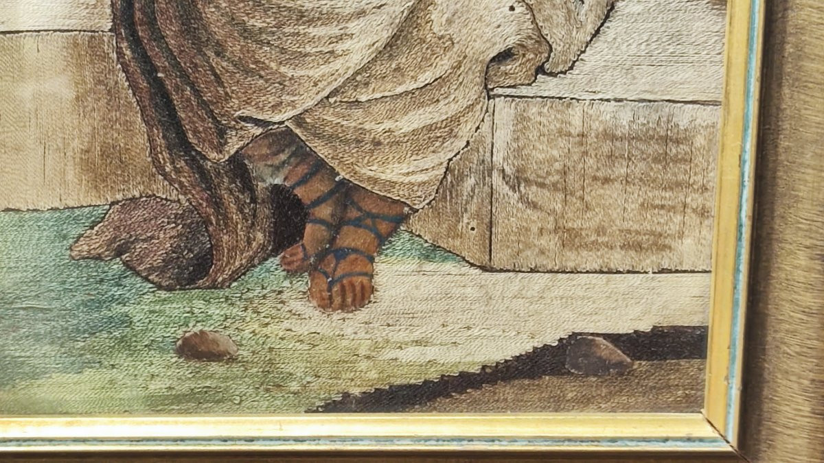 Deux broderies du XVIIIe siècle réalisées au fil collé, représentant sainte Anne et la Vierge M-photo-5