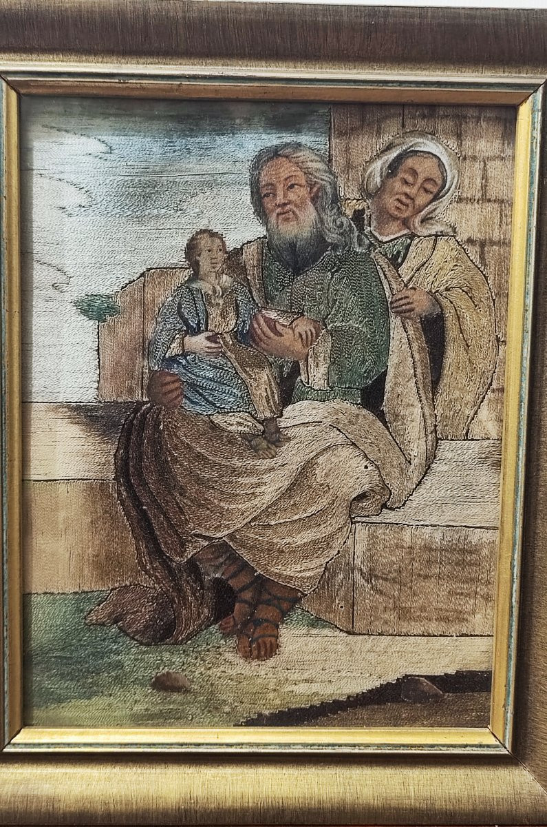 Deux broderies du XVIIIe siècle réalisées au fil collé, représentant sainte Anne et la Vierge M-photo-8