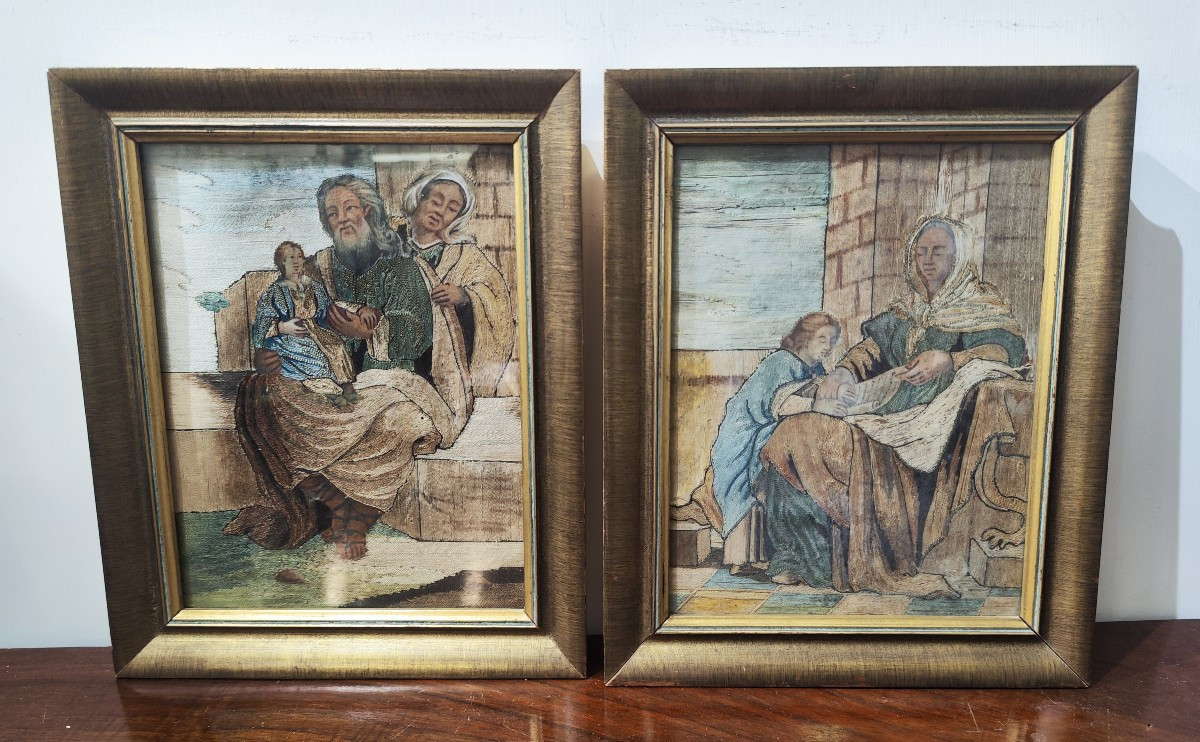 Deux broderies du XVIIIe siècle réalisées au fil collé, représentant sainte Anne et la Vierge M