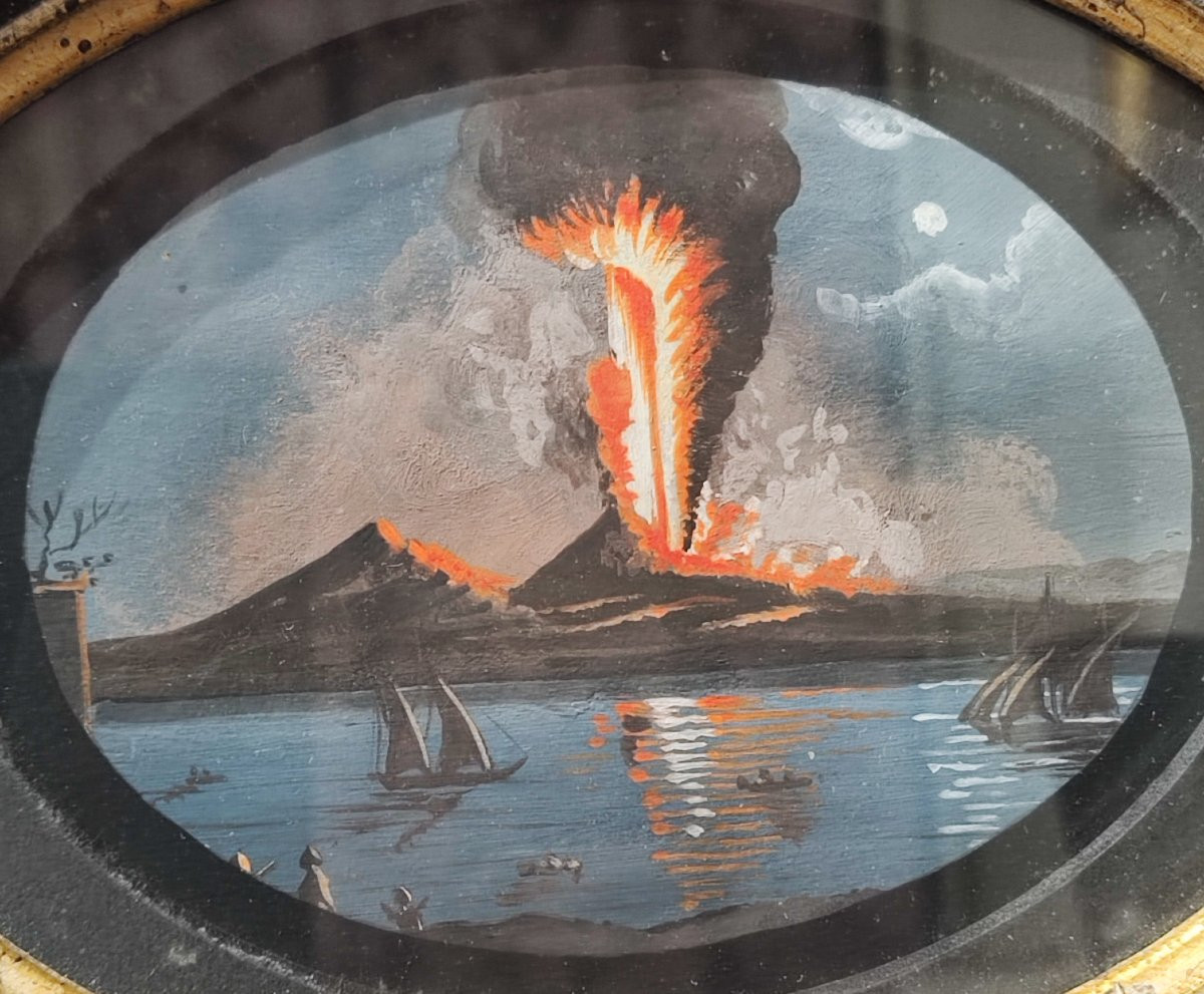 Gouache du XIXe siècle représentant l'éruption du Vésuve-photo-4