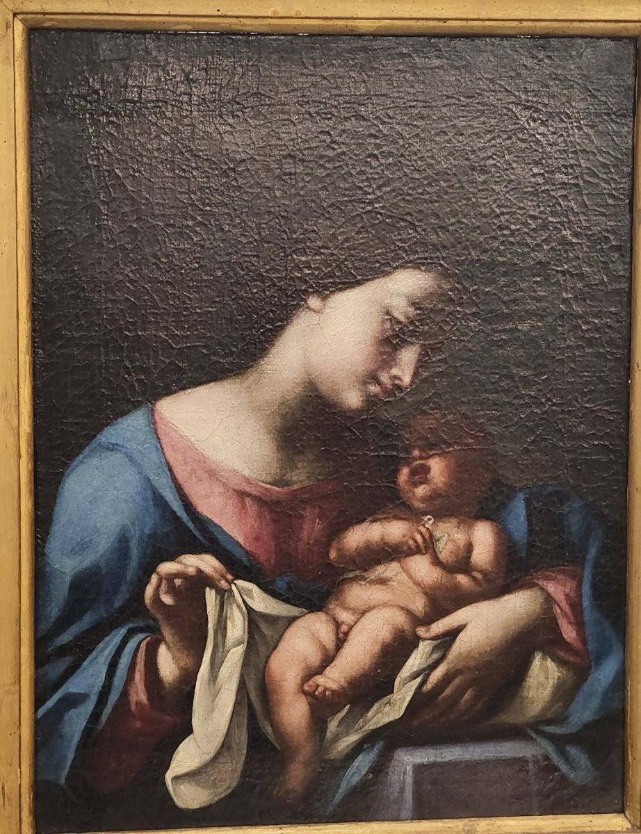 Tableau du XVIIe siècle représentant la Vierge à l'Enfant.-photo-3