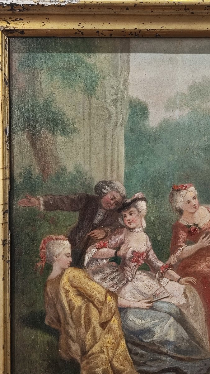 Huile sur bois, scène galante, XIXe siècle.-photo-4