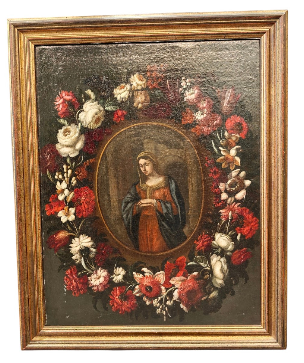 17th-century Painting: Madonna In A Garland Of Flowers, Rome