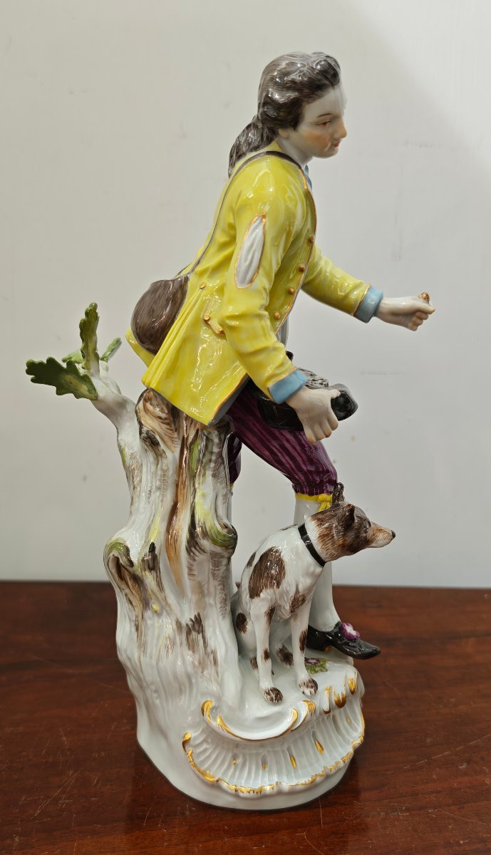 Statue en porcelaine de Meissen représentant un berger au nid d'oiseau et son chien-photo-4