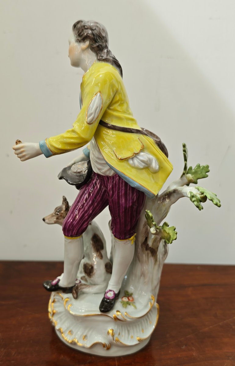 Statue en porcelaine de Meissen représentant un berger au nid d'oiseau et son chien-photo-5