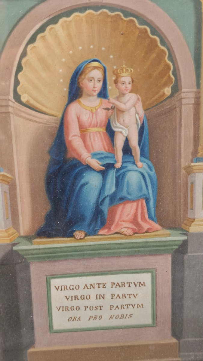 Peinture dévotionnelle ancienne « Madone de l'accouchement » - Tempera sur papier-photo-2