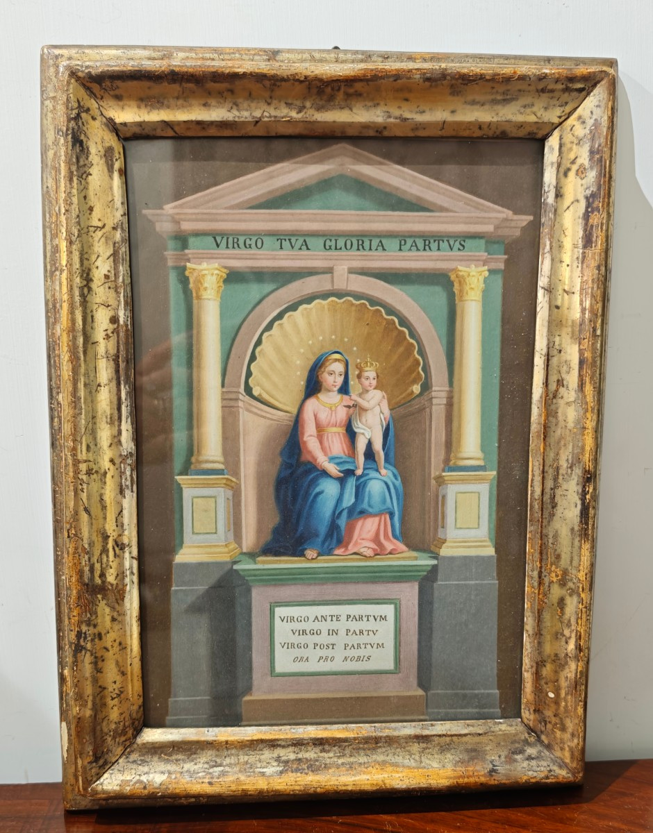 Peinture dévotionnelle ancienne « Madone de l'accouchement » - Tempera sur papier
