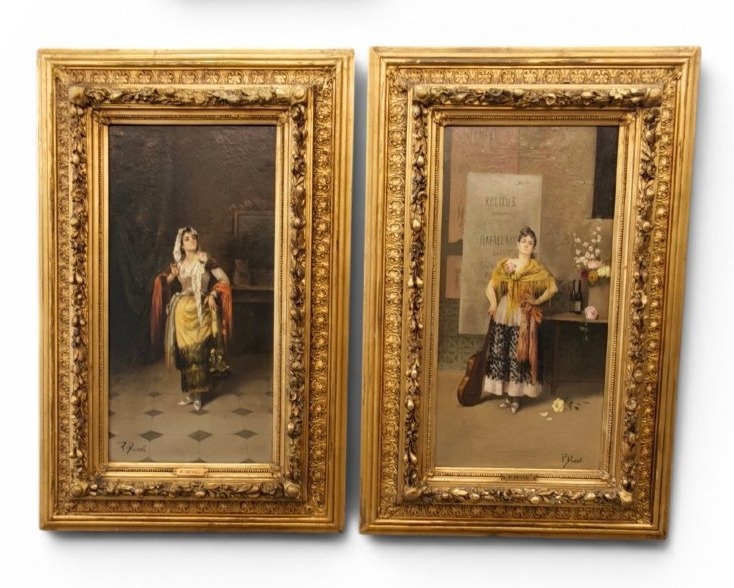Paire de tableaux du XIXe siècle de P. Duval  Femmes gitanes andalouses Espagne