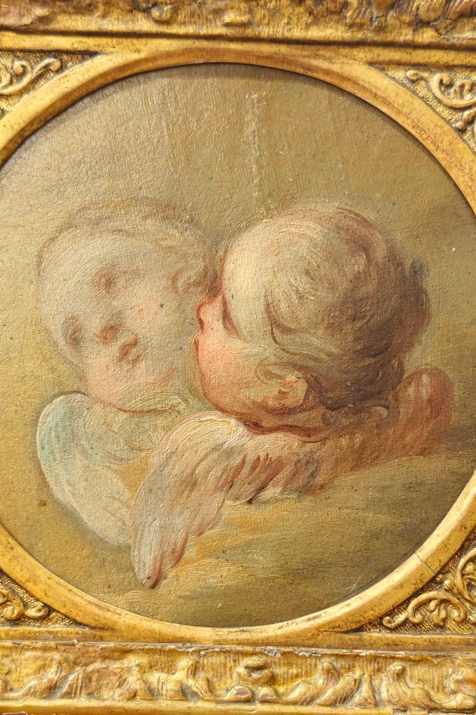 Huile sur toile ancienne du XVIIIe siècle Cherubes -photo-2