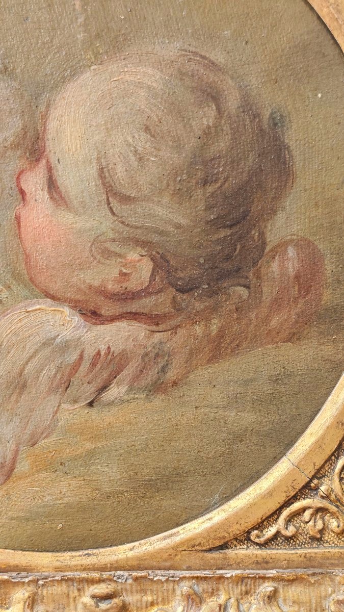 Huile sur toile ancienne du XVIIIe siècle Cherubes -photo-3