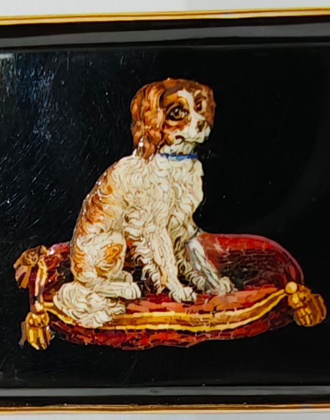 Broche pendentif en micromosaïque romaine, XIXe siècle, Chien du Grand Tour-photo-2