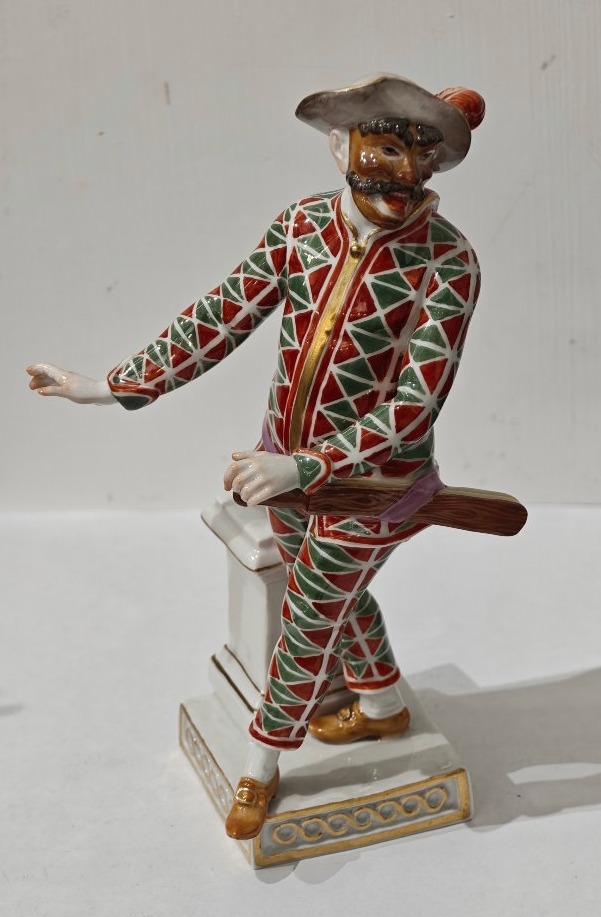 Meissen Painted Porcelain Statuette Of Harlequin With A Mask 