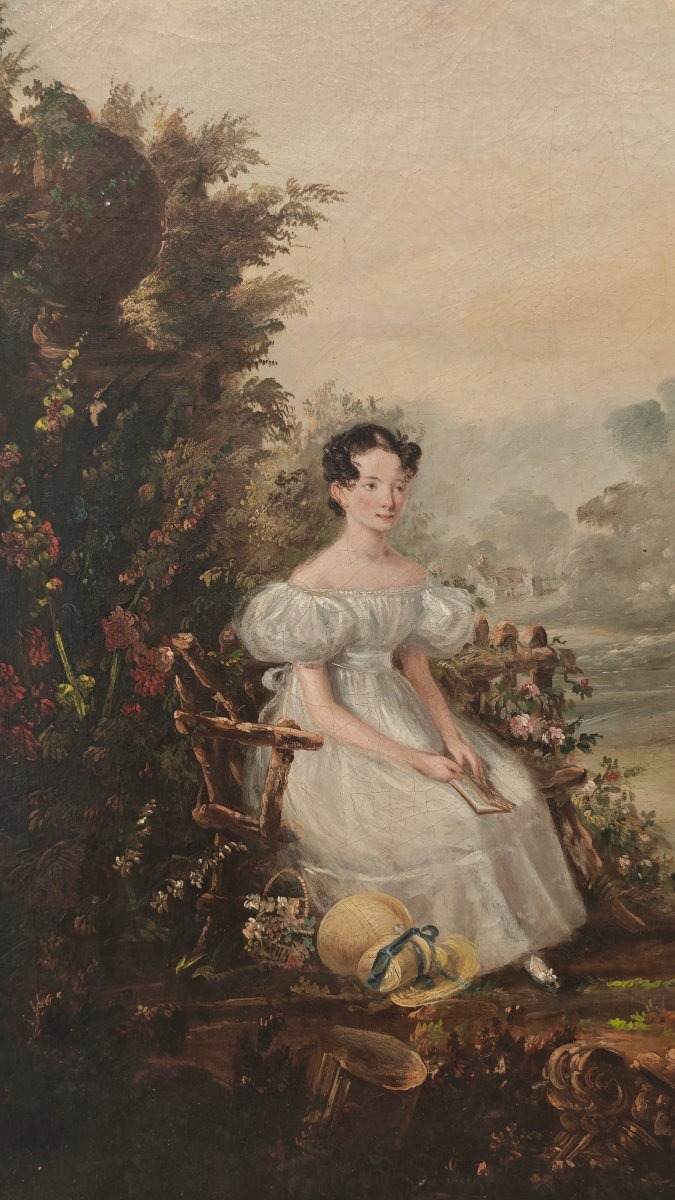 Large 19th-century Painting: Portrait Of Children In A Landscape-photo-2