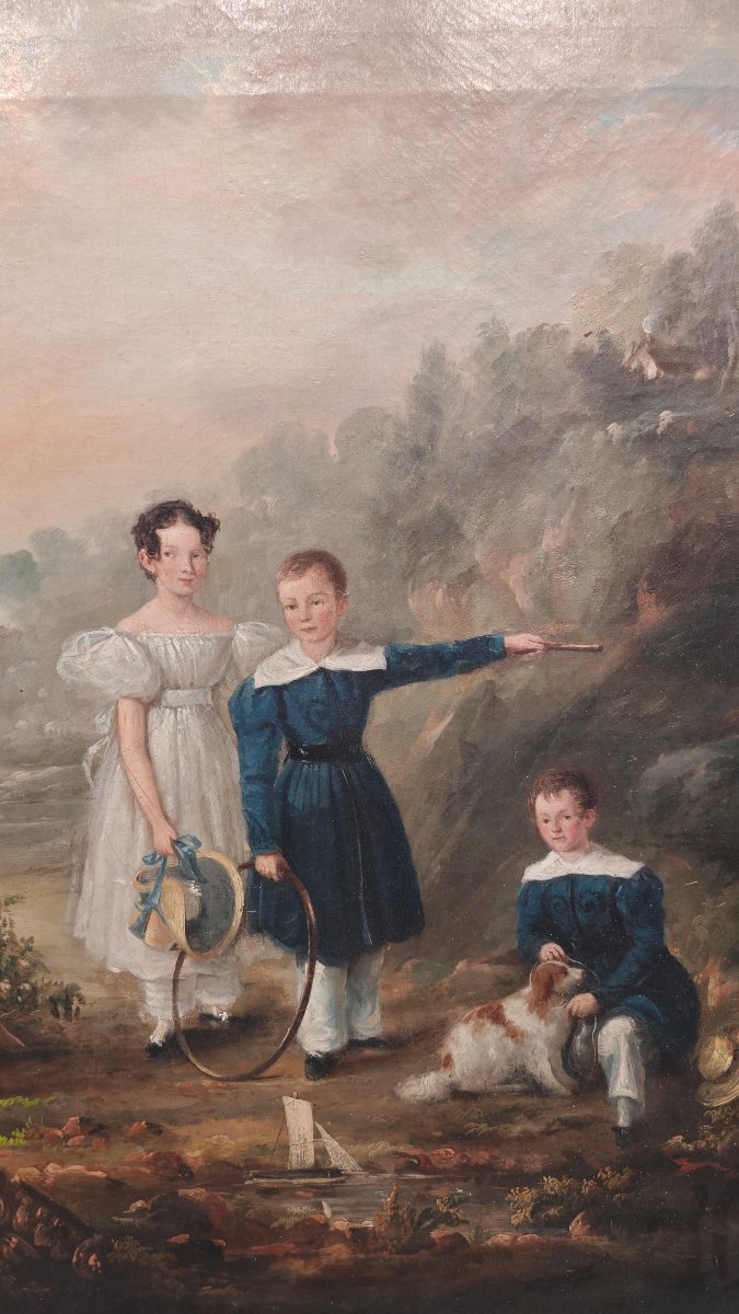 Large 19th-century Painting: Portrait Of Children In A Landscape-photo-3