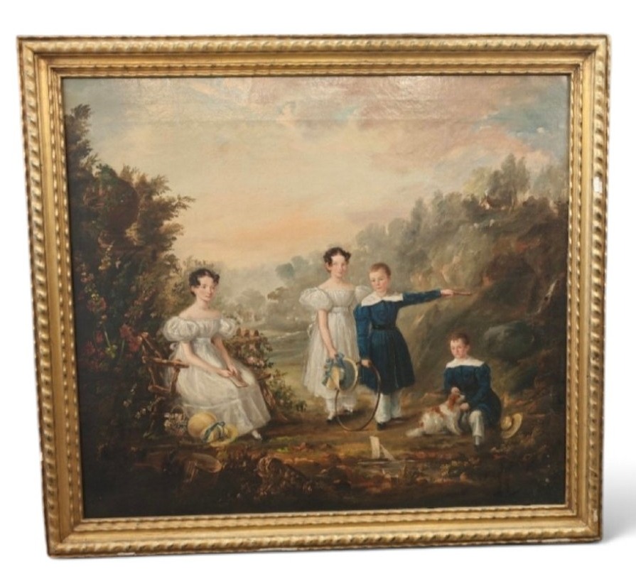 Large 19th-century Painting: Portrait Of Children In A Landscape