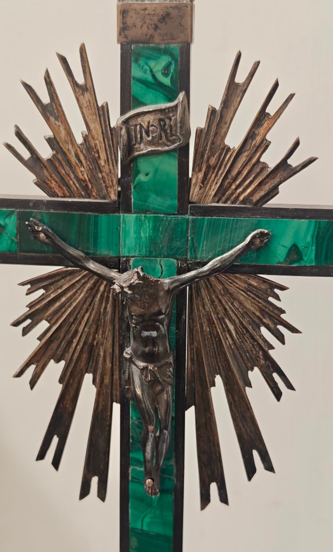Raffiné crucifix de table en malachite et argent-photo-4