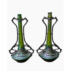 Pair Of Liberty Vases In Loetz Glass