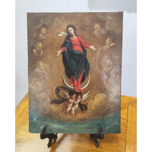 Peinture Ancienne Sur Cuivre De La Madone Immaculée Avec Des Anges 