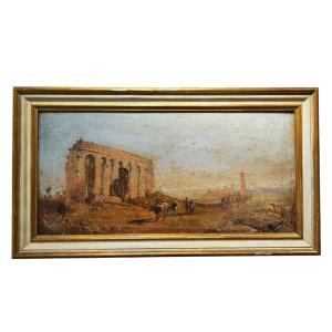 Huile sur panneau du XIXe siècle représentant une vue de ruines classiques.