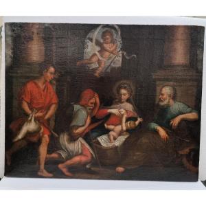 Huile sur toile du XVIIe siècle, Nativité avec l'Adoration des Bergers