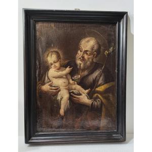 Tableau ancien représentant saint Joseph et l'Enfant