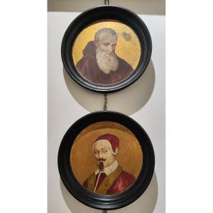 Two Paintings Of Popes, Oil On Panel With A Gold Background